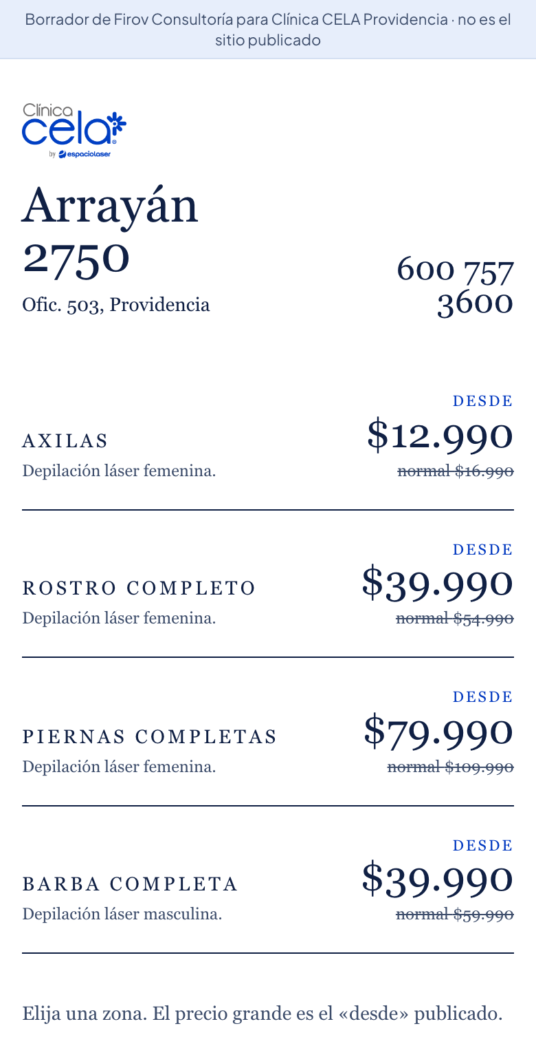 Borrador del sitio nuevo de Clínica CELA Providencia en el celular