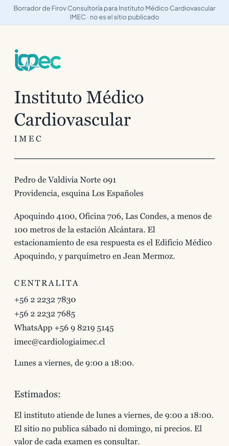 Borrador del sitio nuevo de Instituto Médico Cardiovascular IMEC en el celular