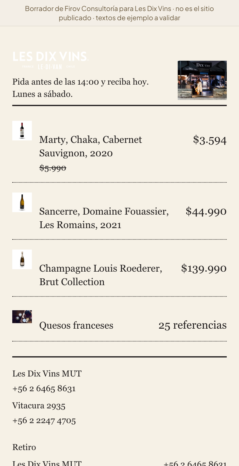 Borrador del sitio nuevo de Les Dix Vins en el celular