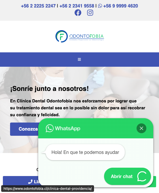 odontofobia.cl hoy en el celular, con el chat de WhatsApp tapando el botón